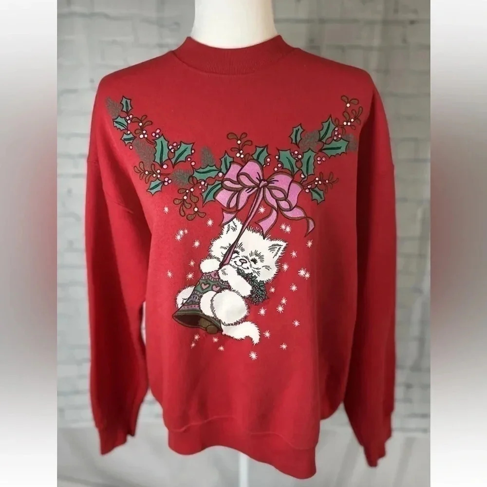 Vintage Fruit Of The Loom Best Ugly‎ Christmas Sweatshirt  Red Cat Belle size L